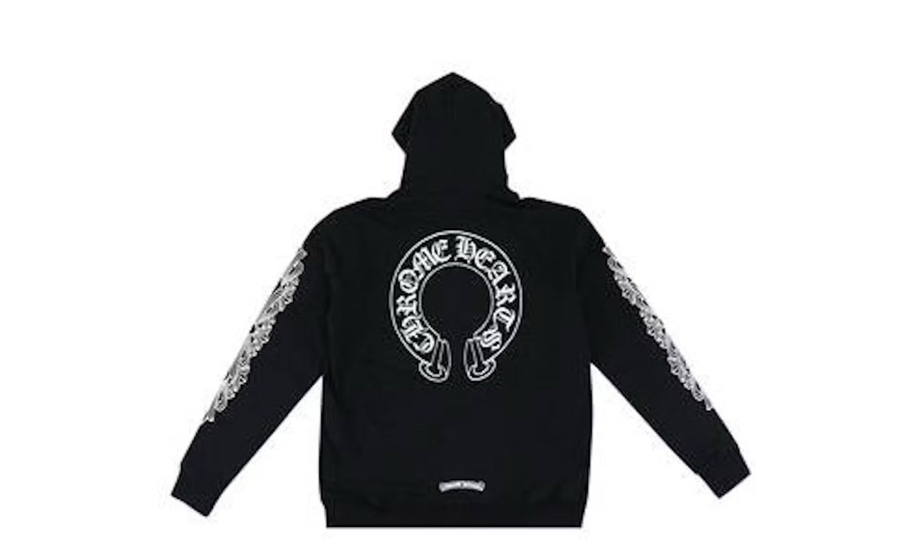 Hoodie Chrome Hearts Horseshoe Floral Cross Sleeve con cremallera completa en negro/blanco