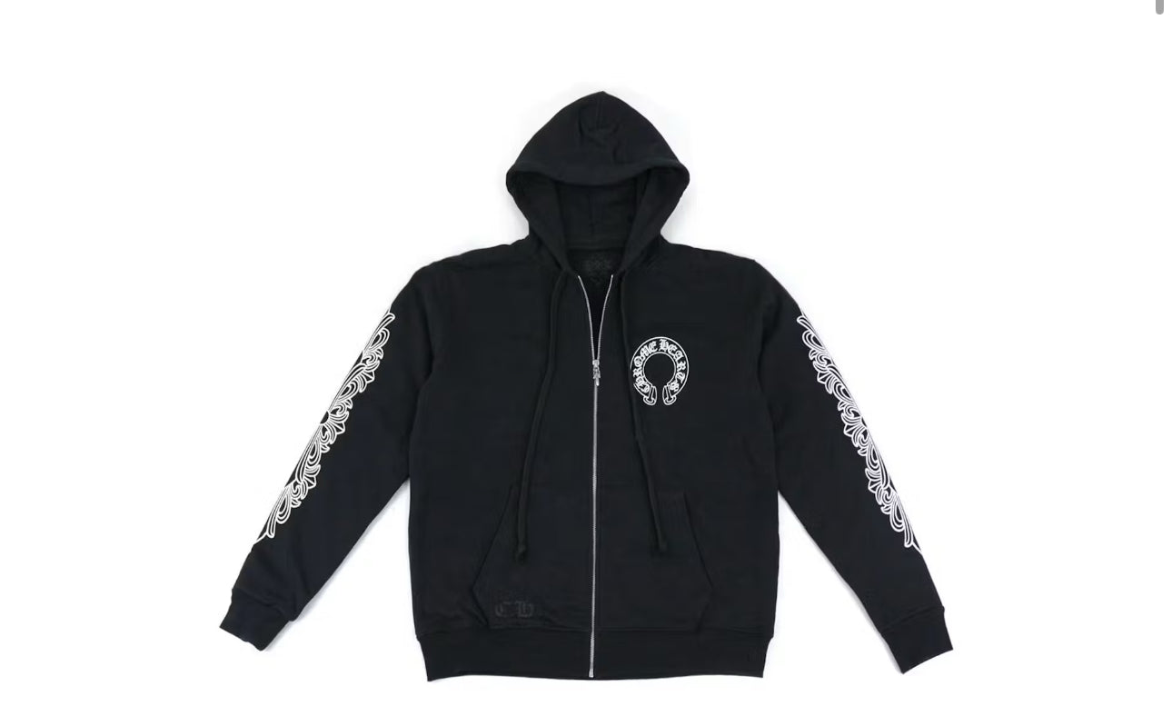Hoodie Chrome Hearts Horseshoe Floral Cross Sleeve con cremallera completa en negro/blanco